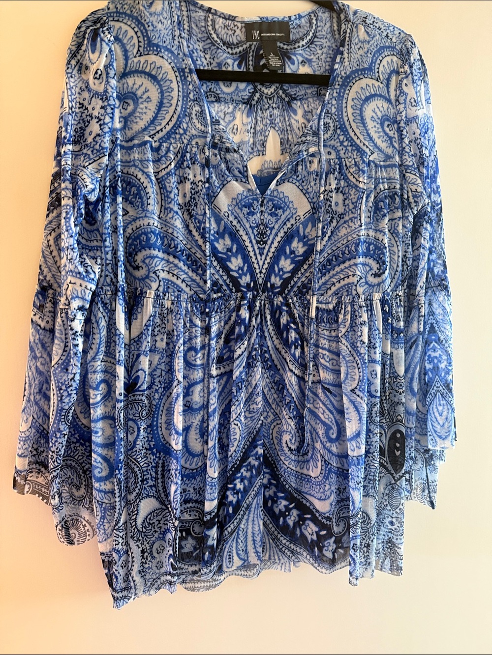 INC International Concepts Blue White Paisley Tie-Front Peasant Blouse